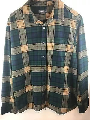 Eddie Bauer Shirt Mens XL Flannel Tan Green BluePlaid Button Long Sleeve Outdoor • $22.99