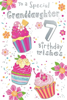 Granddaughter 7th Birthday Card Age 7 Wishes Cup Cakes Bright Happy • £3.95