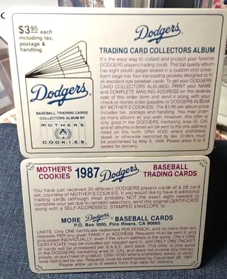 1987 Mothers Cookies LA Dodgers Expired Trading Card Album/More Cards Redemption • $1