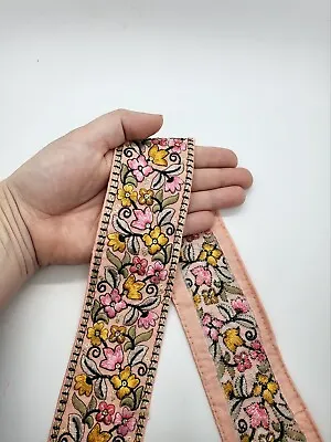 Pink Embroidered Floral Indian Fancy Sari Fabric Decorative Border Trim 60mm 1 M • £3.50