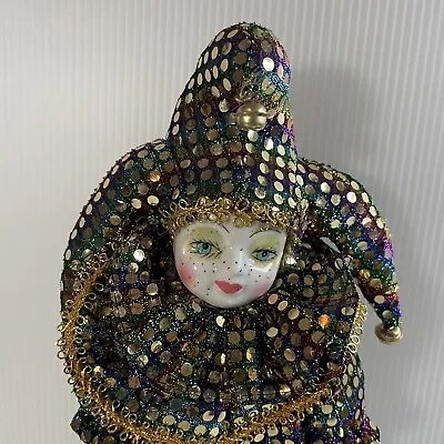 Vintage Gambina Mardi Gras Jester Porcelain/Fabric Doll Gold Sequins 10” 1999 • $9.50