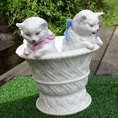 SUPERB 19thC MINTON BASKET VASE WITH A PAIR OF PERSIAN KITTENS WITH BOWS C1890s • $59