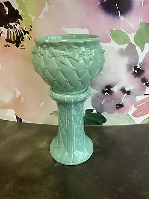 RARE Vintage McCoy Quilted Jardiniere  Pedestal Turquoise Aqua  Exc Basket Weave • $625