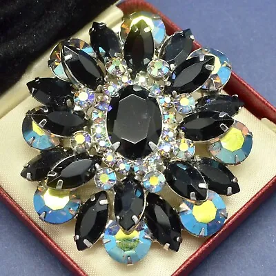 Vintage Brooch D&E JULIANA  1960s Large Black Glass AB Crystal Flower Jewellery • $93.34