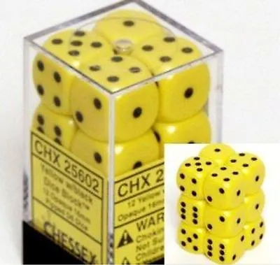 Chessex Dice D6 Sets Opaque Yellow W/ Black 16mm Six Sided Die 12 CHX 25602 • $6.21
