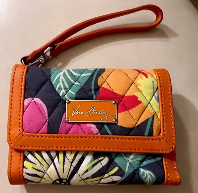 Vera Bradley ANNIVERSARY Wallet Wristlet Clutch Coin JAZZY BLOOMS Orange Leather • $17.80