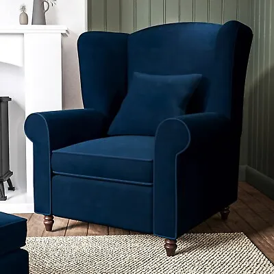 Blue Velvet Armchair Wingback With Scroll Arms Dark Wood Legs Classic Style • £215.92