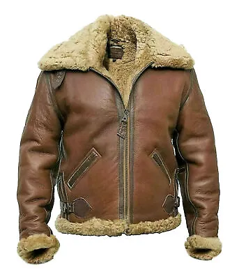 B3 RAF Bomber Mens Brown Aviator Flying Fur Real Leather Jacket Coat • £147.87
