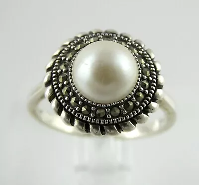 Marc Jacobs Sterling Silver Faux Pearl And Marcasite Ring 925 Size 8.25 3.7g • £28.03