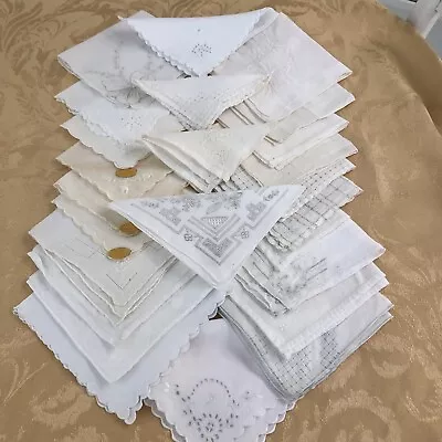 Vintage Hankies Lot Of  25 Solid WHITES WITH CORNER DESIGNS GREAT FOR WEDDINGS • $40