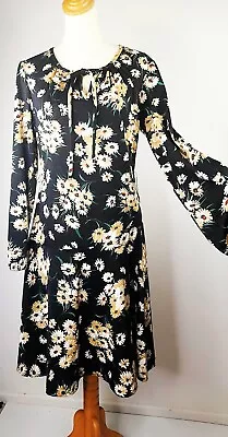 Vintage Dress Black Floral Size 14 Stretchy Jersey  • $27