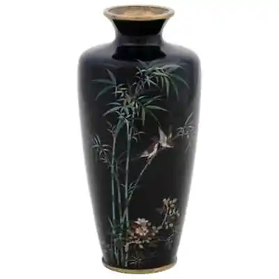 Antique Meiji Japanese Cloisonne Silver Wire Enamel Vase Sparrows Flying Over Ba • $900