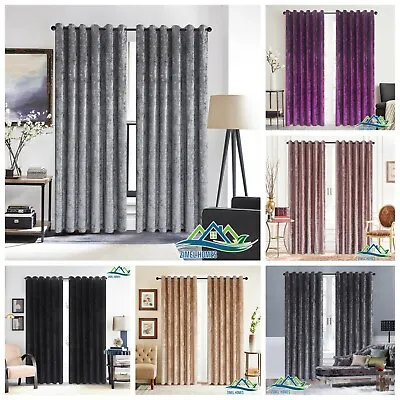 Luxury Crushed Velvet Curtains PAIR Fully Lined Eyelet Ring Top Ready Made • £25.02