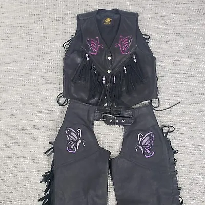 Womens Leather Vest & Chaps Set TRD Leathers Butterfly Fringe Vintage USA Made • $119.99