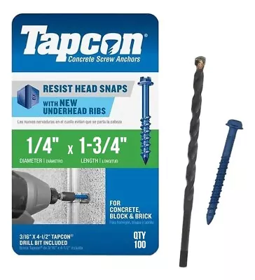 Tapcon 1/4  X 1-3/4  Hex Head Concrete Anchor Screws 3155407 | 100 Pack | Drill  • $29.90