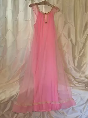 Vintage Pink Nylon Nightgown Full Length Layered Chiffon Satin Floral Lace S / M • $42