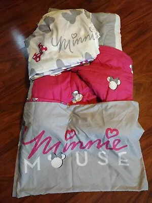 Disney Minnie Mouse Twin Bed Set Gray And Pink Bows Flat Fitted Comforter Pillow • $64.77