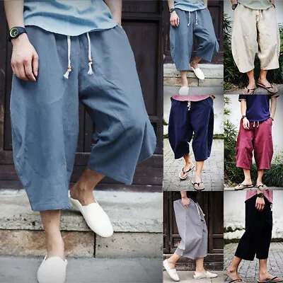 Men's Casual Linen Capri Long Shorts Loose Fit Below Knee Baggy Yoga Sport Pant〕 • $15.54