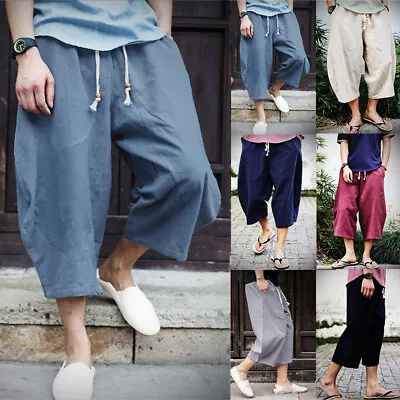 Men's Casual Linen Capri Long Shorts Loose Fit Below Knee Baggy Yoga Sport Pants • $17.35