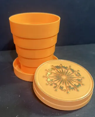 Vintage Collapsable Travel Cup & Pill Box Orange Gold Zodiac Astrology Hong Kong • $12