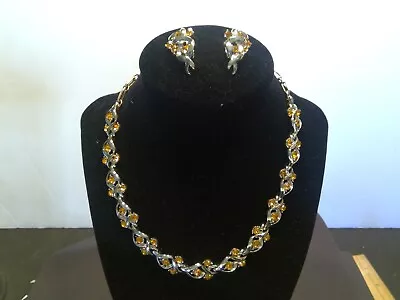 Vintage Coro Gold Tone Metal Yellow/Topaz Rhinestone Necklace & Earring Set • $69.99