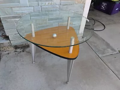 Vintage 90s Triangle MCM Round Chrome Wood & Glass Top Shelf End Side Table • $124.95