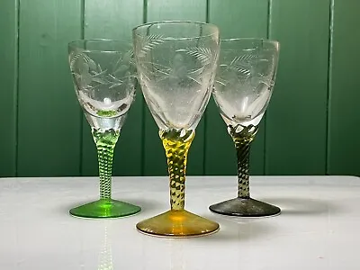 Set Of Three Vintage Coloured Twist Stem Goblets With Etched Leaves & Berries • £8.99