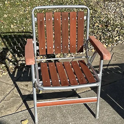Vintage Wood Slat Aluminum Folding Lawn Chair Mid Century Modern • $30