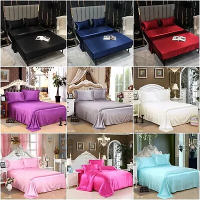 $55.99 • Buy Silk Satin Sheet Set Flat Sheet Fitted Sheet Set Bed Queen King Size Pillowcases