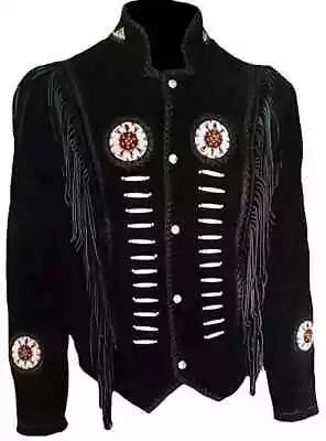 New Men Native American Cowboy Leather Jacket Fringe & Beads Western Suede • $79.99