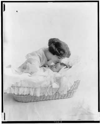 8  X 10  Photo 1912 Young Woman Kissing Baby In Bassinet • $29.03