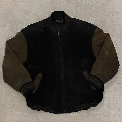 Vintage Varsity Mens Jacket XL Black Dark Brown Suede Leather 80s 90s Read • $34.99