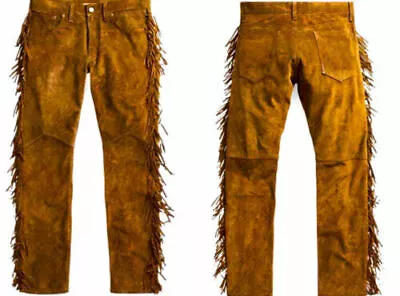 Mens New Brown Buckskin Suede Leather Western Hippy Fringes Pants N8 • $58.50