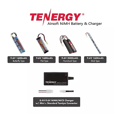 Tenergy 9.6V NiMH Airsoft 1600mAh & 2000mAh Battery Pack With Charger Option Lot • $33.49