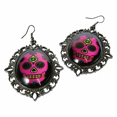 Ladies Pink Sugar Skull Day Of The Dead Mexican Fancy Dress Costume Earrings • £2.95