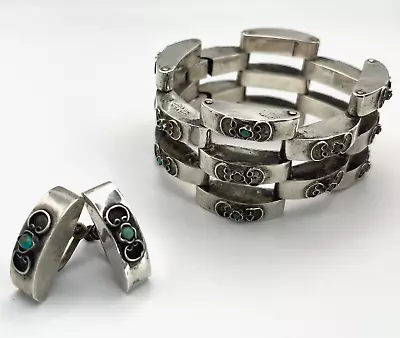 Mexico Sterling Silver And Turquoise Bracelet And Earrings Set • $79.20