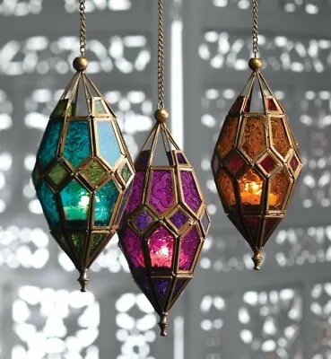 Hanging Glass Lantern Tea Light Holder Moroccan Style 22.5cm NEW • $26.46