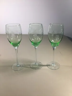 Vintage Etched Grape Design Wine Glasses Green Tint Nested Into Stem (set Of 3) • $8