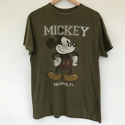 WALT DISNEY Mickey Mouse Faded Graphic T Shirt Green Distressed Short Sleeve • £9.95