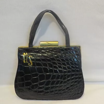 Vintage Real Alligator Skin Handbag Purse 1940's Black W/ Brass / Gold Accents • $49.85