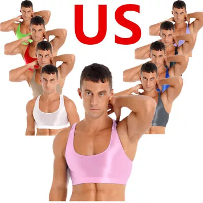 US Men's T-Shirts Sissy Shiny Glossy Crop Top Sports Sleeveless Gym Cropped Half • $2.84