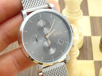 HUGO BOSS Men's 42mm Grey Dial Designer Chronograph Mesh Bracelet Wristwatch • £5.50