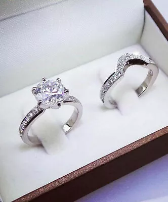 3.00Ct Round Cut Moissanite Engagement Bridal Ring Set 14K White Gold Size 6.5 • $239.56