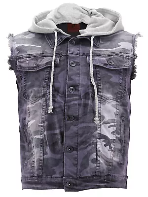 Men's Distressed Button Up Slim Fit Denim Vest With Removable Drawstring Hood  • $38.80