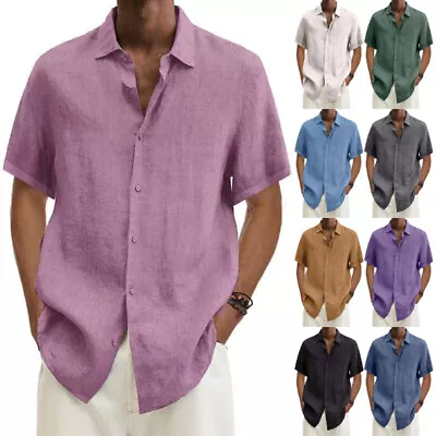 Mens Short Sleeve Linen Shirt Casual Baggy Button-up Solid Formal Tops T Shirt • $18.59