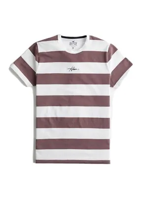 £9.66 • Buy Hollister Must-have Crewneck T-shirt Dark Mauve Stripe New