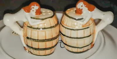 Japanese Novelty Whiskey Barrel Girl Salt And Pepper Shakers Vintage Collectible • $15