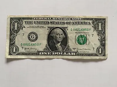 One Dollar Bill Serial Number G 00216850 F $1 Note US Real Money 2017 Notes USA • $6.99