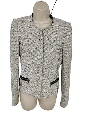 Womens Zara Cream Textured Zip Up Short Casual Collarless Blazer Jacket Small S • £13.59