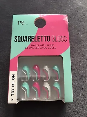 Primark Beauty PS 24 False Nails With Glue - Squareletto Gloss Teal/Pink/White • £2.99